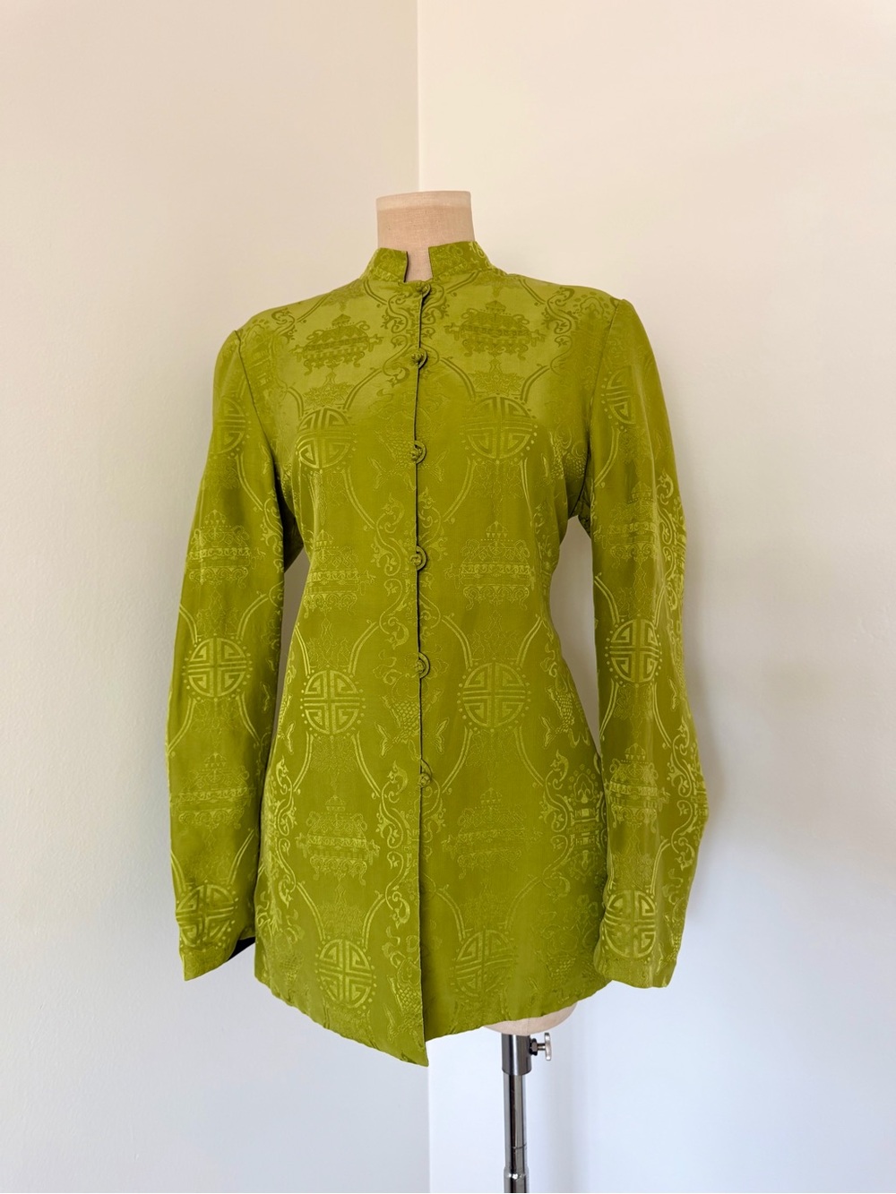 Vintage reversible Olive Green/black silk Embroidered Mandarin Collar Jacket